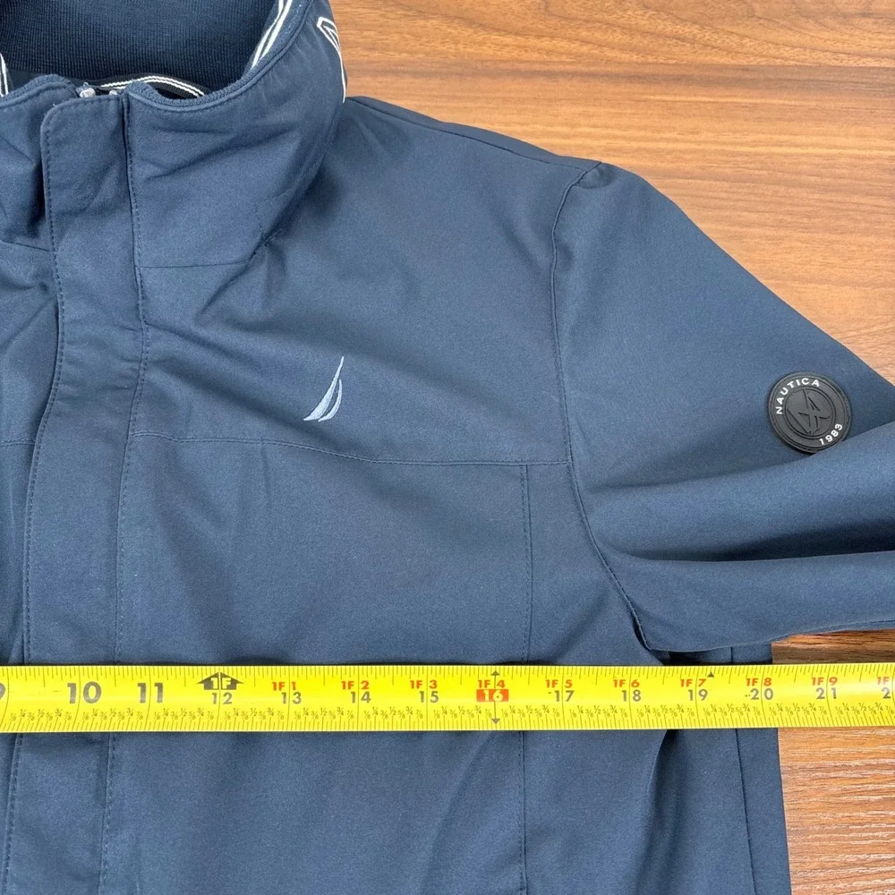 Nautica Mens Navy Blue Jacket Full Zip Hidden Hood Collar Logo Water Resistant S